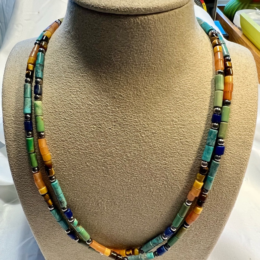 CR Multicolor Beaded sterling silver Necklace (turquoise/lapis lazuli/tigers eye
